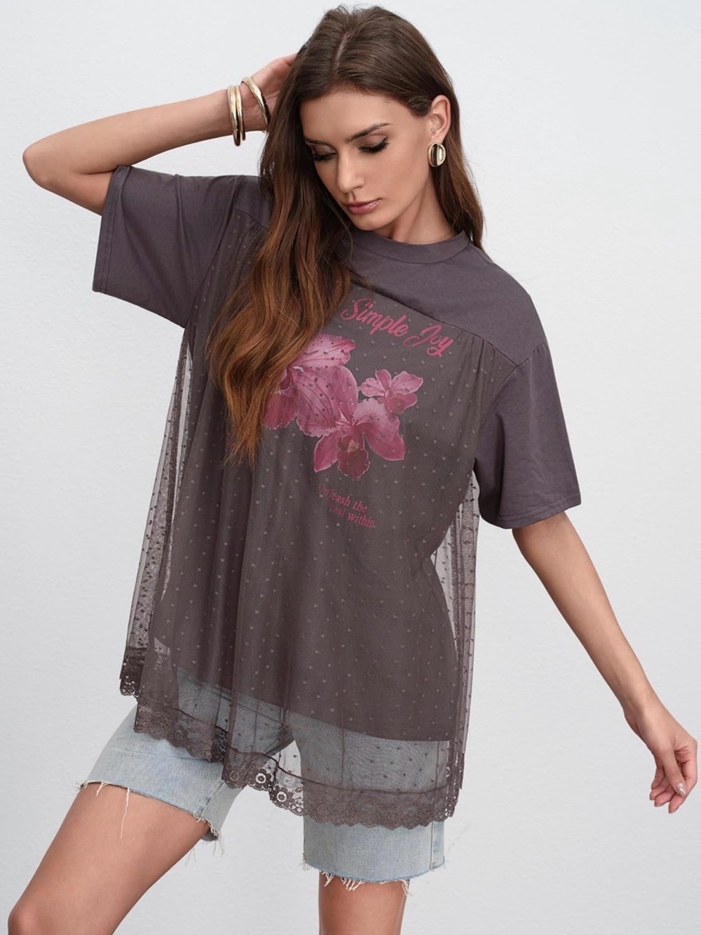 Charcoal Sheer Overlay Floral Graphic Tee - Women's Top
